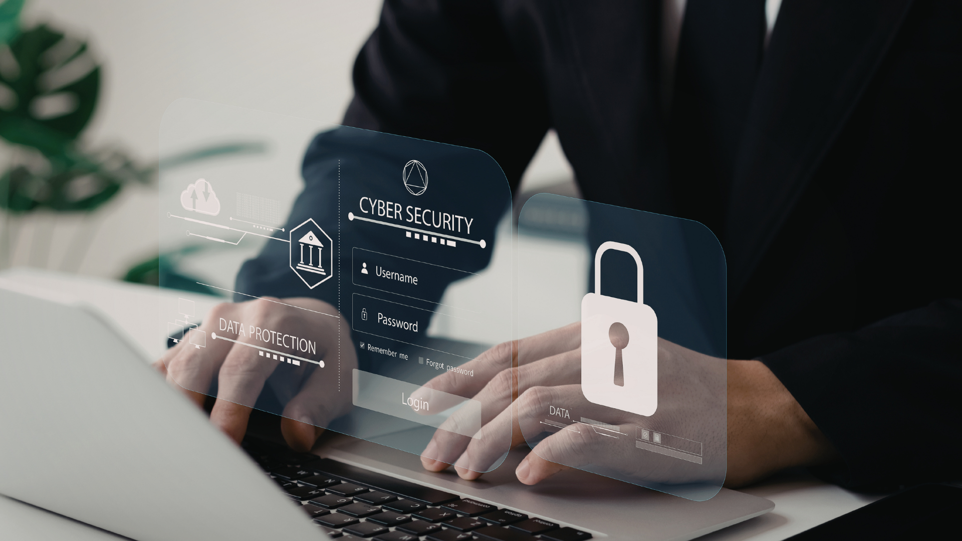 Profesional utilizando un portátil con una interfaz digital de inicio de sesión, candado y elementos de protección de datos y ciberseguridad