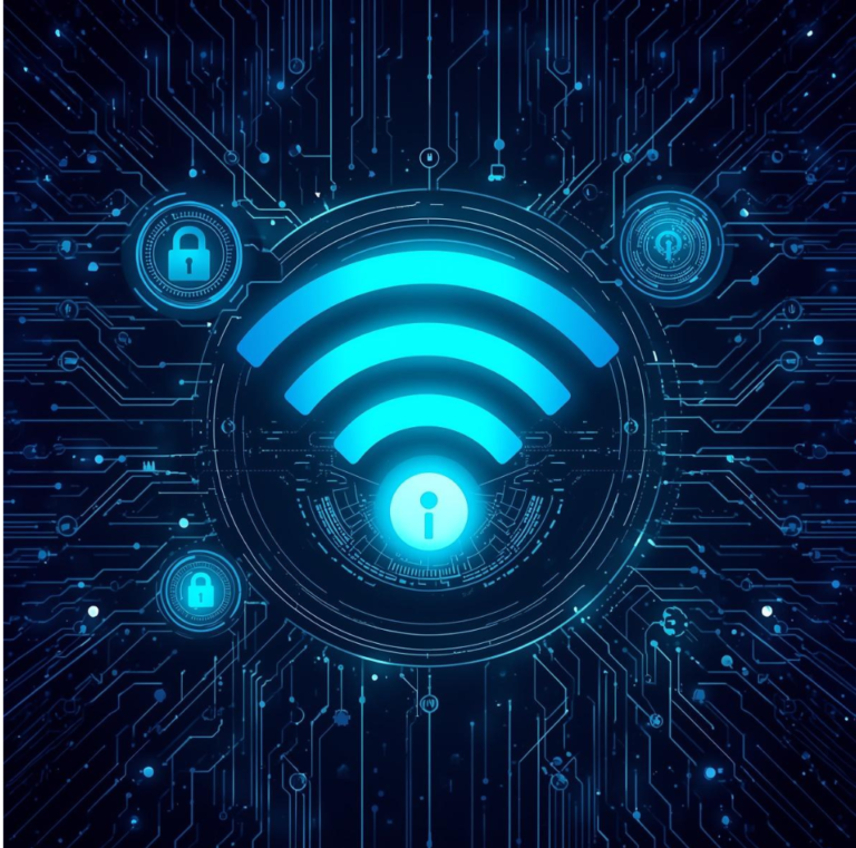 Ilustración de una red WiFi protegida con iconos de candado y fondo tecnológico que representa la ciberseguridad y la protección de la conexión de INTK
