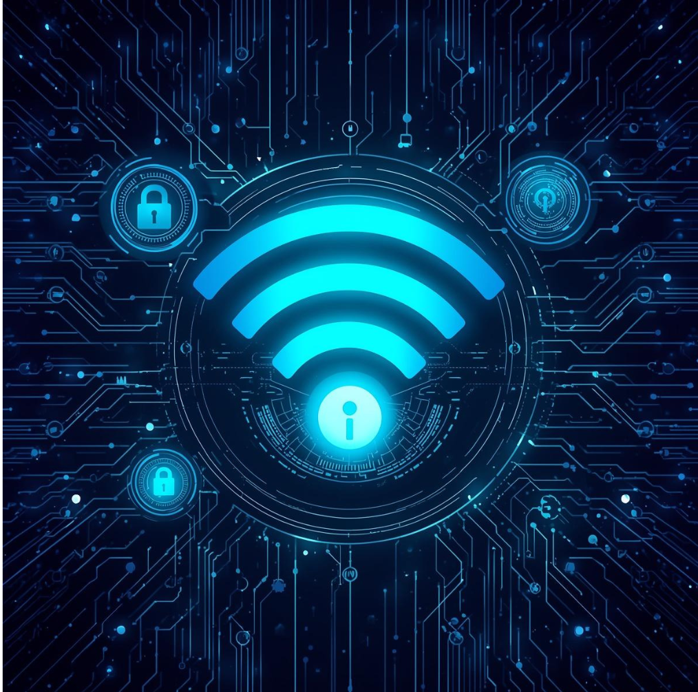 Ilustración de una red WiFi protegida con iconos de candado y fondo tecnológico que representa la ciberseguridad y la protección de la conexión de INTK